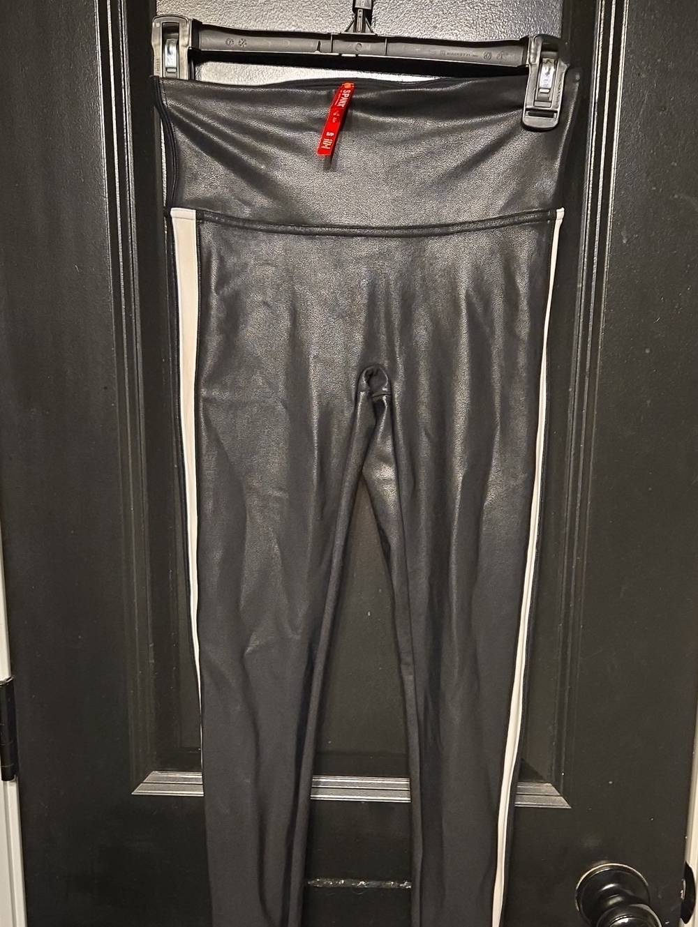 SPANX Black Faux-Leather High-Rise Leggings with White Side Stripes
